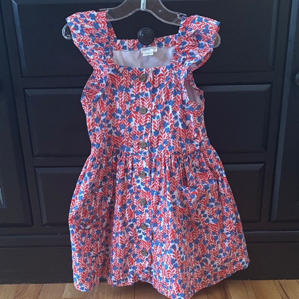 Crewcuts Red, White and Blue Floral Little Girl Smocked Dress w/Flutter Sleeves